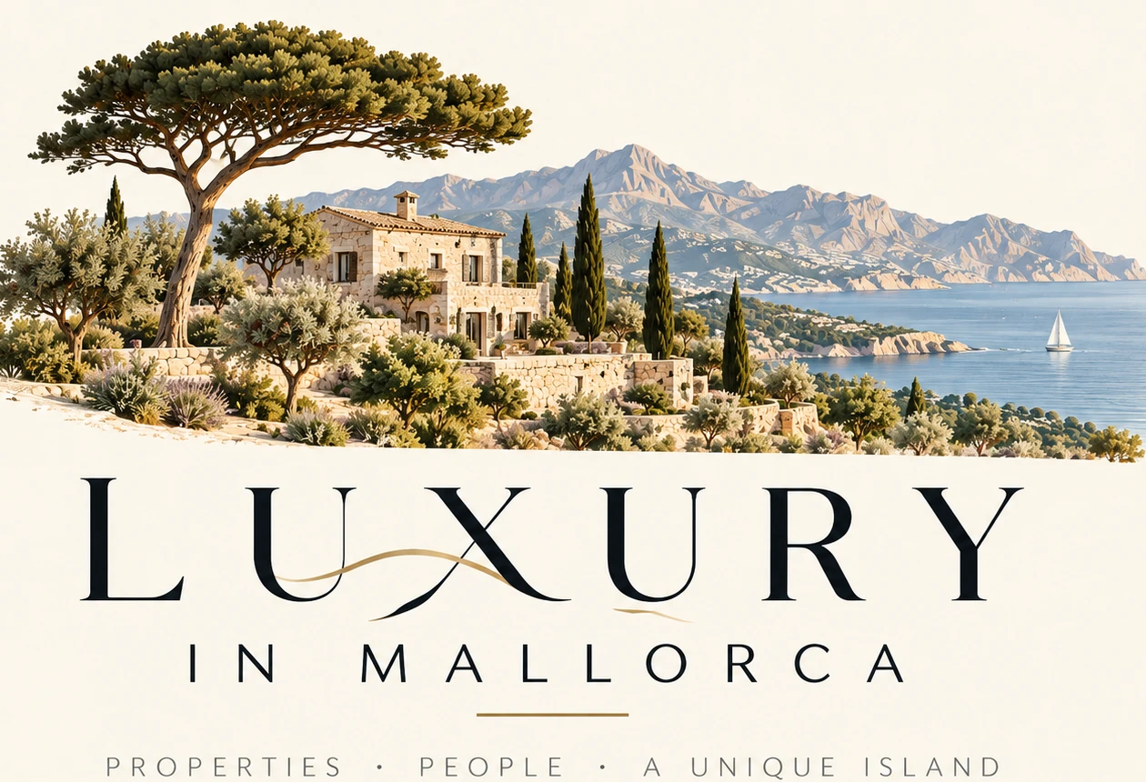 Luxury in Mallorca: logotipo B4 con finca mallorquina de piedra, pino y paisaje mediterráneo